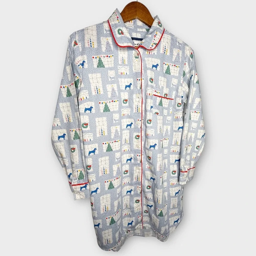 Boden Christmas Trees Dogs Cats Holiday Cotton Pajamas Night Shirt Gown‎ Small